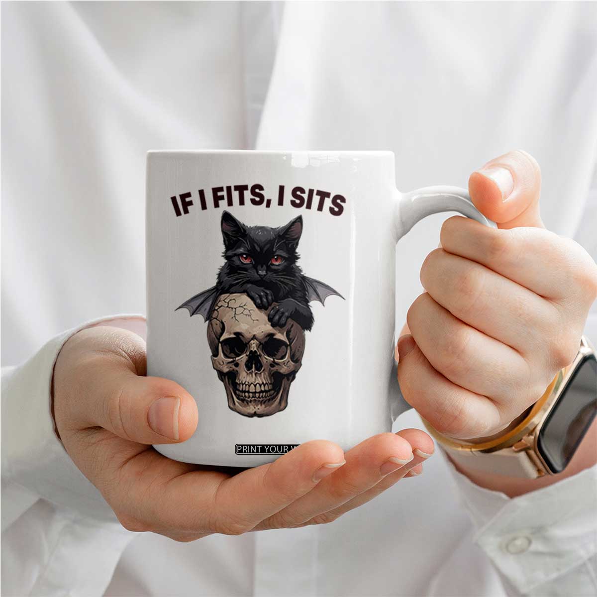 Gothic Cat Skull Graphic Coffee Mug If I Fits I Sits Creepy Cute Gift TS12 Print Your Wear