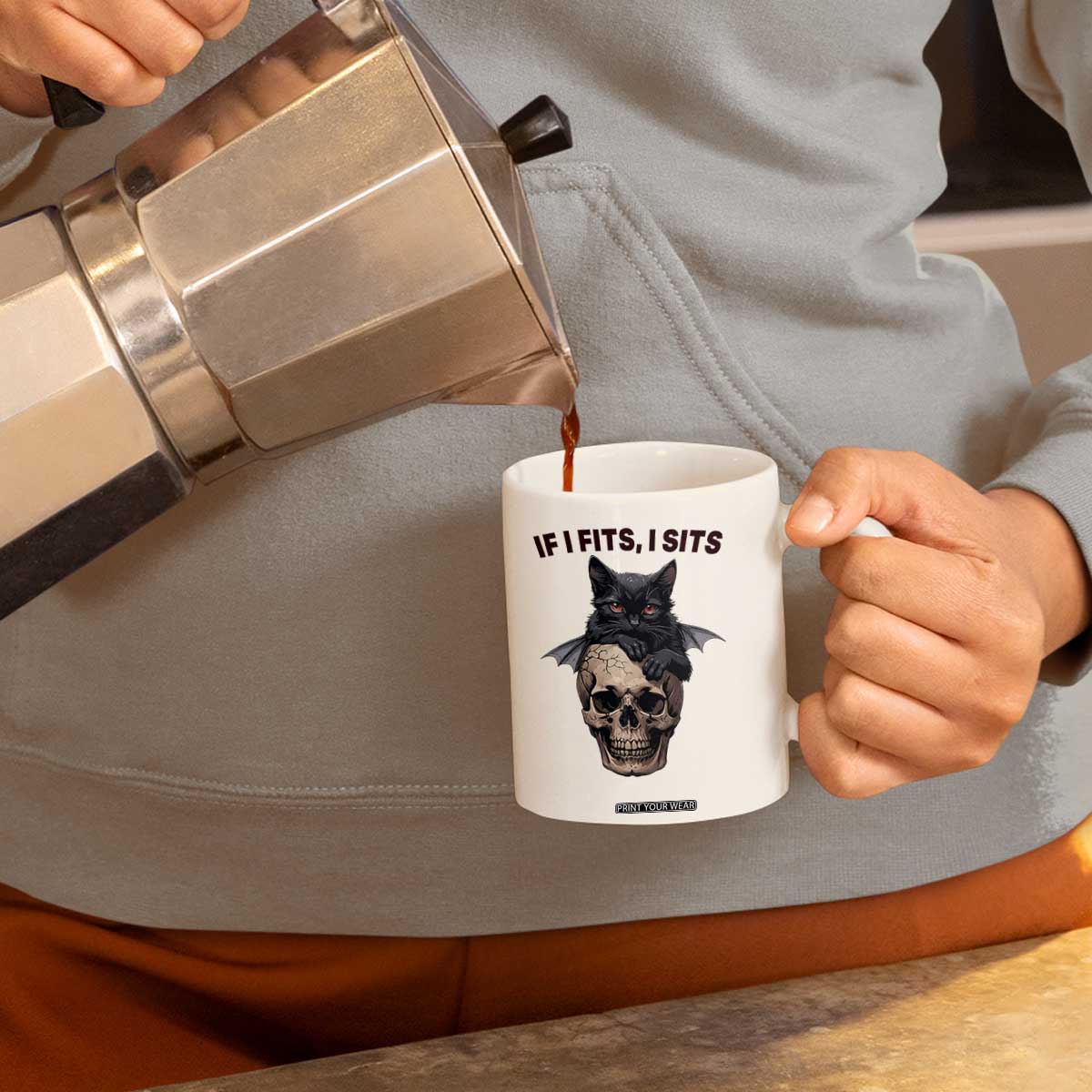 Gothic Cat Skull Graphic Coffee Mug If I Fits I Sits Creepy Cute Gift TS12 Print Your Wear