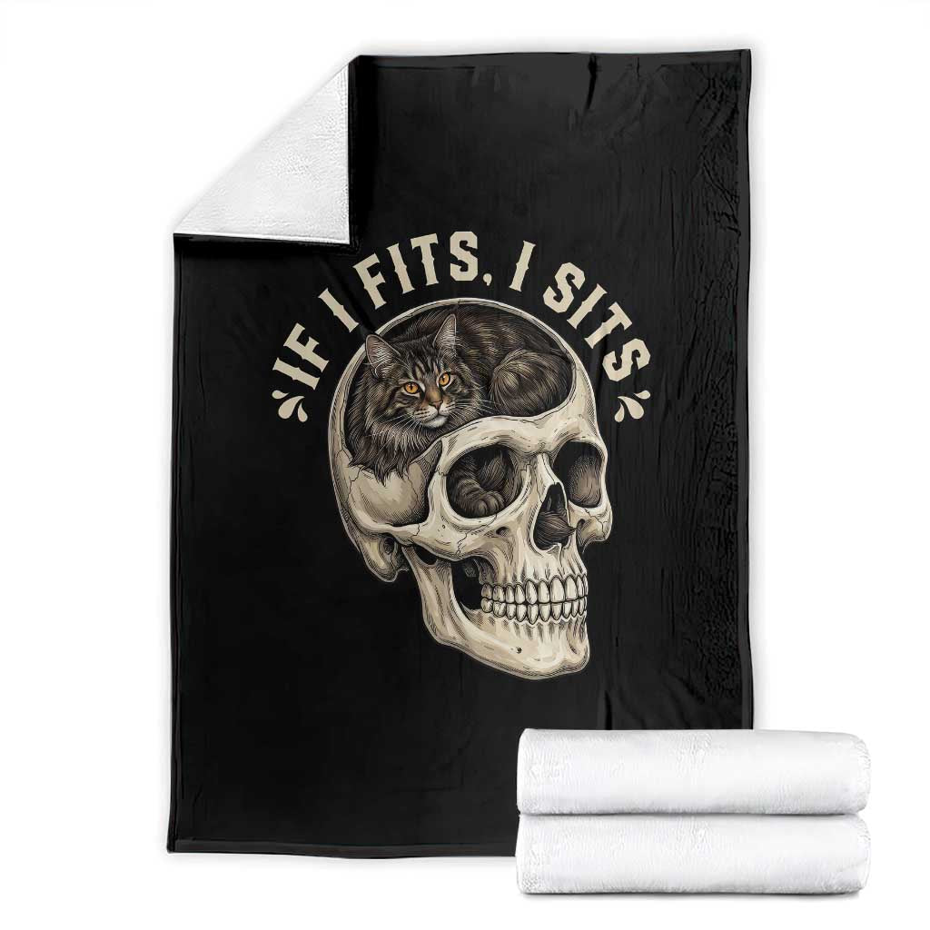 Funny Gothic Black Cat Skull Throw Blanket If I Fits I Sits TS12 Black Print Your Wear