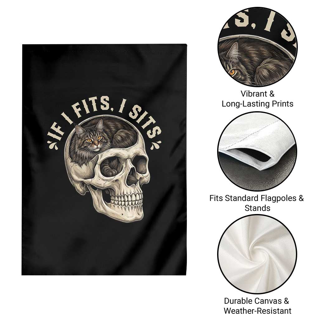 Funny Gothic Black Cat Skull Garden Flag If I Fits I Sits TS12 Print Your Wear