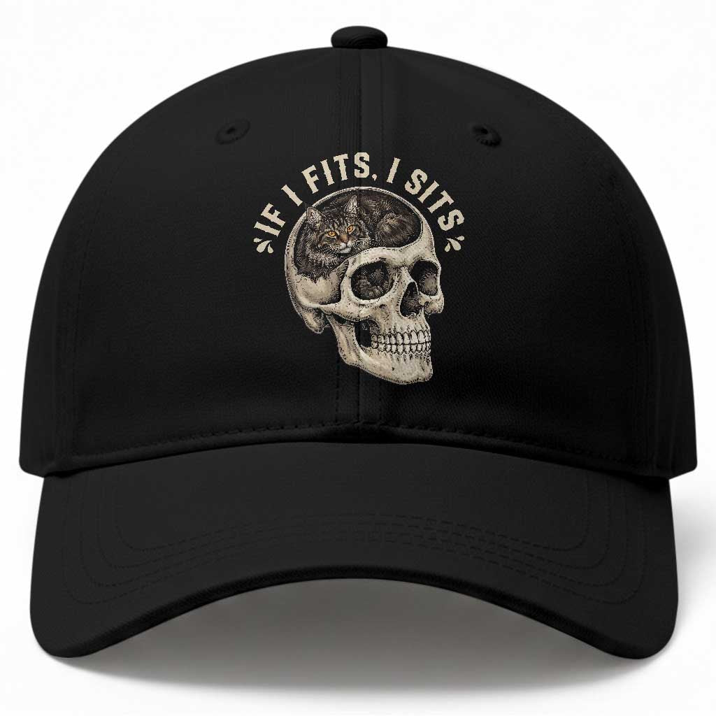 Funny Gothic Black Cat Skull Baseball Cap If I Fits I Sits TS12 Print Your Wear