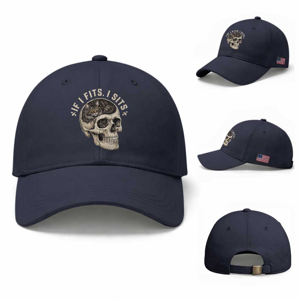 Funny Gothic Black Cat Skull Baseball Cap If I Fits I Sits TS12 Baseball Cap Universal Fit Navy Print Your Wear