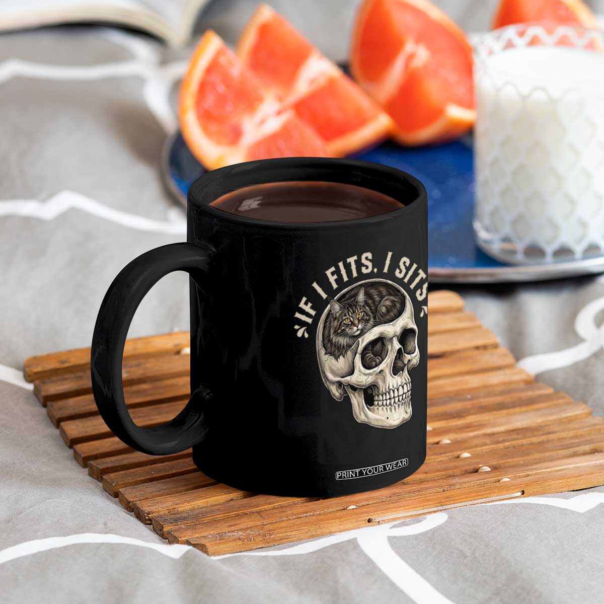 Funny Gothic Black Cat Skull Coffee Mug If I Fits I Sits TS12 Print Your Wear