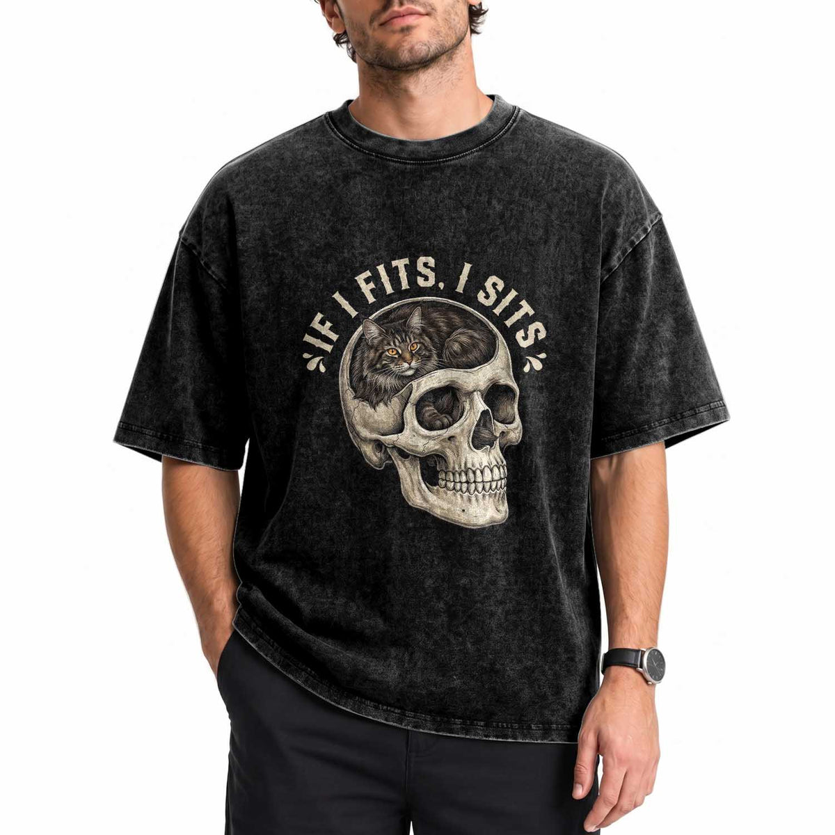 Funny Gothic Black Cat Skull Washed Cotton T-Shirt If I Fits I Sits