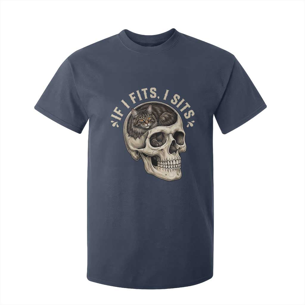 Funny Gothic Black Cat Skull T Shirt For Kid If I Fits I Sits TS12 Navy Print Your Wear