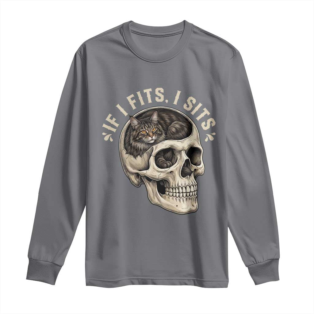 Funny Gothic Black Cat Skull Long Sleeve Shirt If I Fits I Sits TS12 Charcoal Print Your Wear