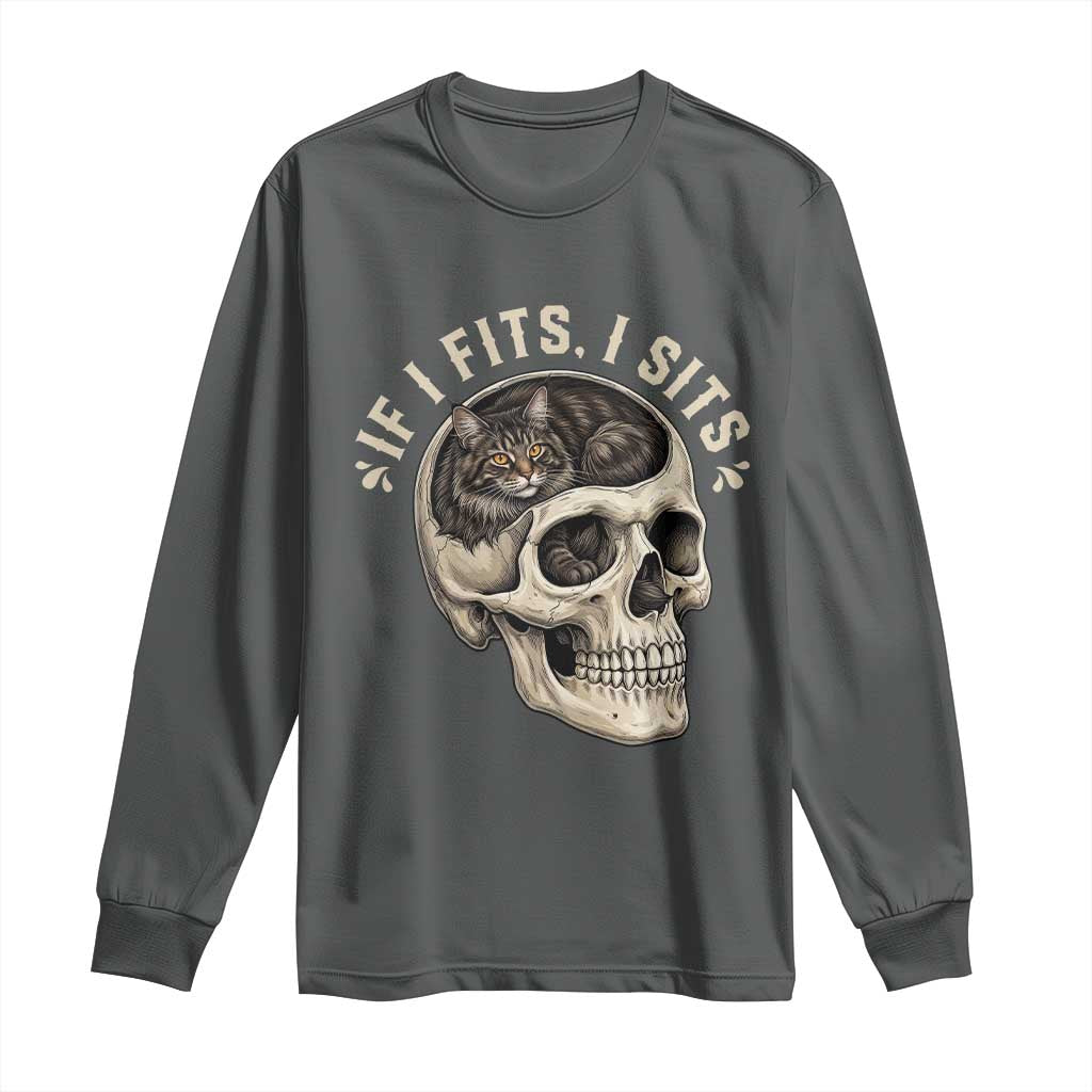 Funny Gothic Black Cat Skull Long Sleeve Shirt If I Fits I Sits TS12 Dark Heather Print Your Wear