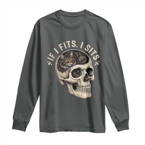 Funny Gothic Black Cat Skull Long Sleeve Shirt If I Fits I Sits TS12 Dark Heather Print Your Wear