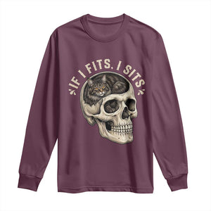 Funny Gothic Black Cat Skull Long Sleeve Shirt If I Fits I Sits TS12 Maroon Print Your Wear