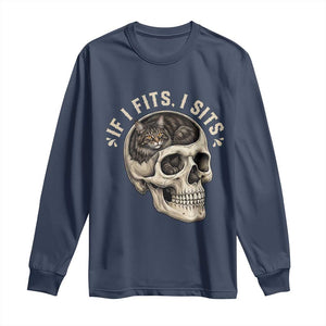 Funny Gothic Black Cat Skull Long Sleeve Shirt If I Fits I Sits TS12 Navy Print Your Wear