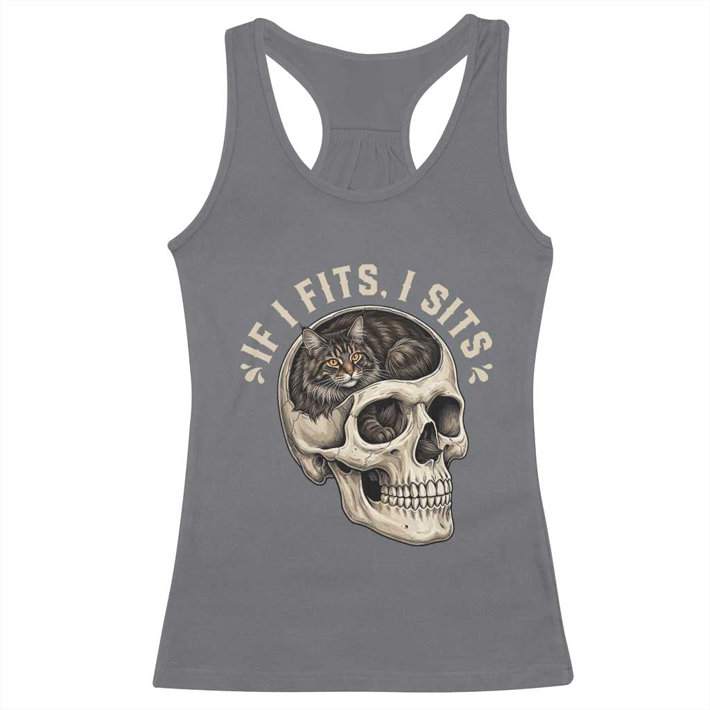 Funny Gothic Black Cat Skull Racerback Tank Top If I Fits I Sits TS12 Charcoal Print Your Wear