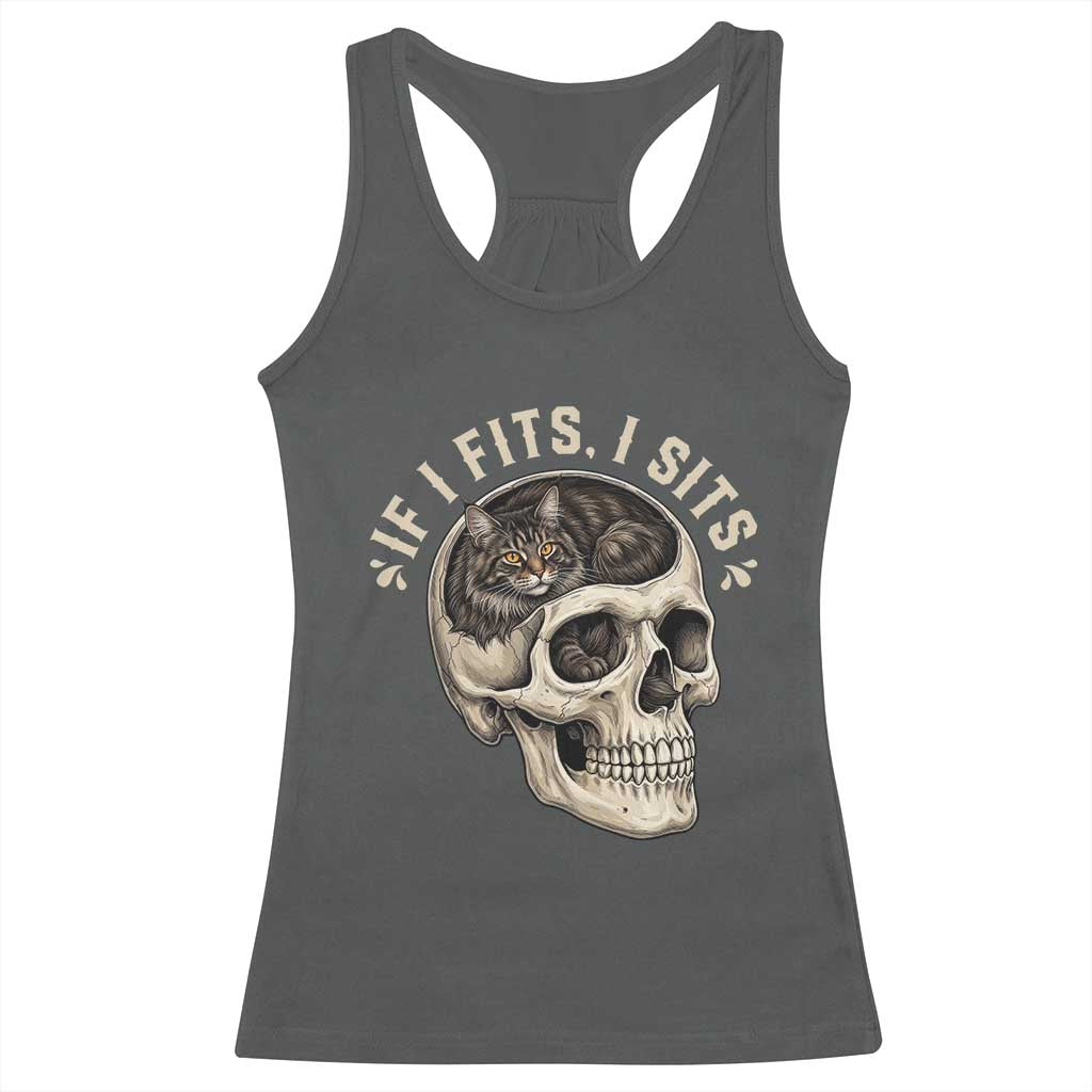 Funny Gothic Black Cat Skull Racerback Tank Top If I Fits I Sits TS12 Dark Heather Print Your Wear