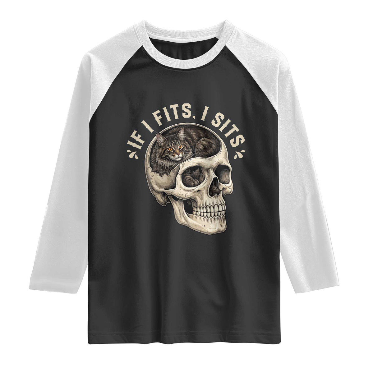 Funny Gothic Black Cat Skull Raglan Shirt If I Fits I Sits TS12 Black White Print Your Wear