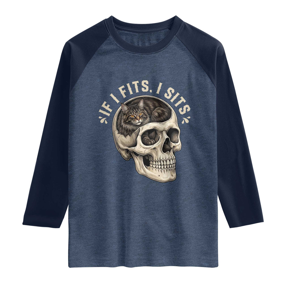 Funny Gothic Black Cat Skull Raglan Shirt If I Fits I Sits TS12 Heather Denim Navy Print Your Wear