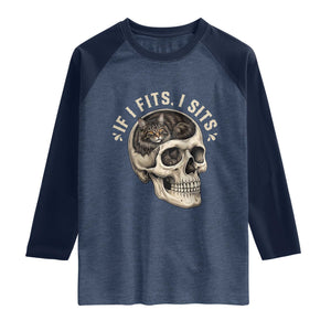 Funny Gothic Black Cat Skull Raglan Shirt If I Fits I Sits TS12 Heather Denim Navy Print Your Wear