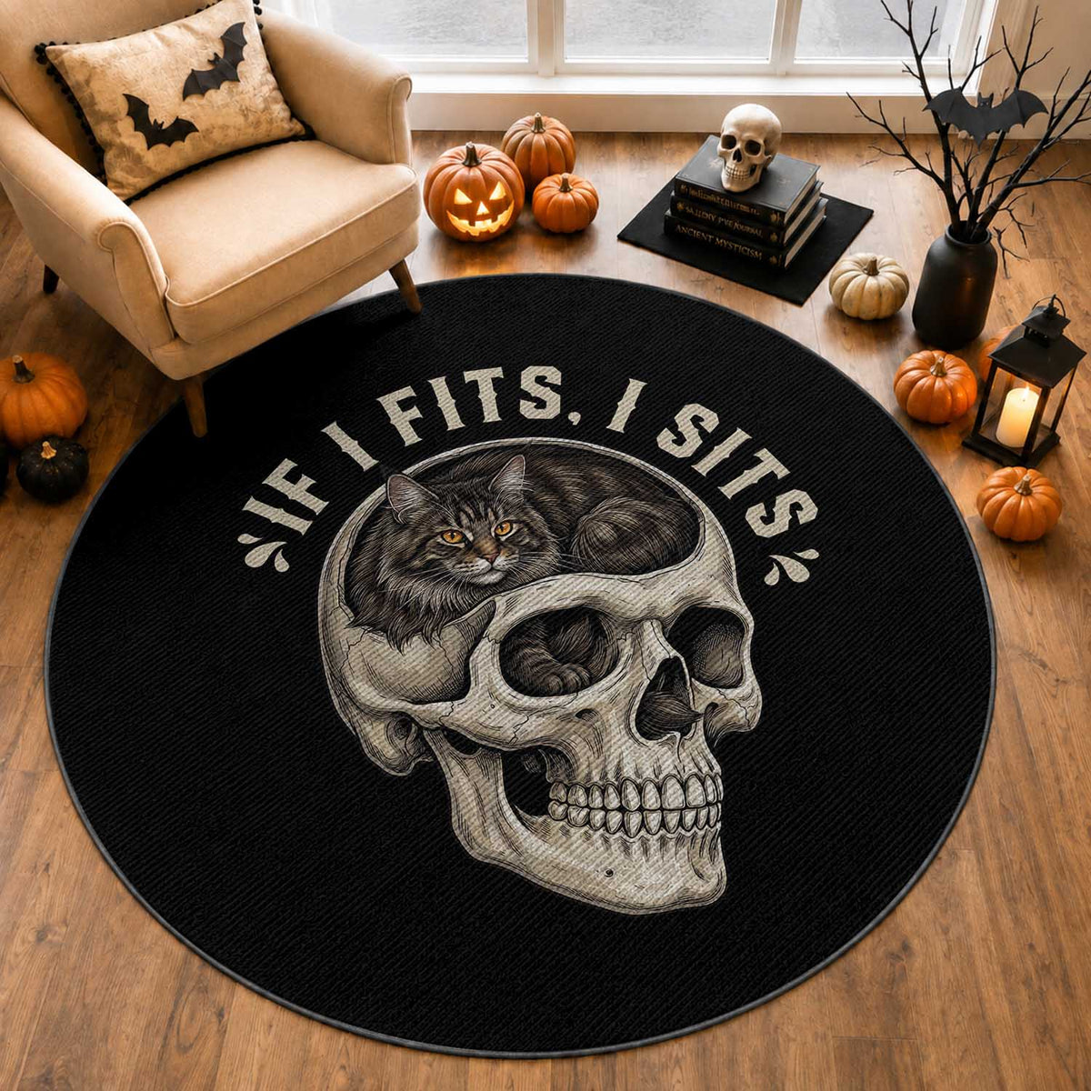 Funny Gothic Black Cat Skull Round Rug If I Fits I Sits