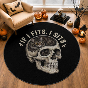 Funny Gothic Black Cat Skull Round Rug If I Fits I Sits