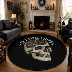 Funny Gothic Black Cat Skull Round Rug If I Fits I Sits