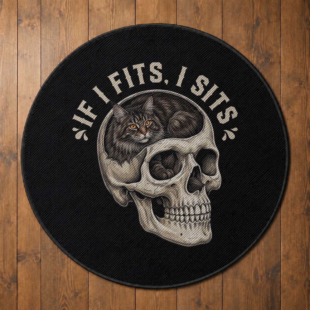 Funny Gothic Black Cat Skull Round Rug If I Fits I Sits