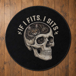 Funny Gothic Black Cat Skull Round Rug If I Fits I Sits