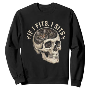 Funny Gothic Black Cat Skull Sweatshirt If I Fits I Sits TS12 Black Print Your Wear