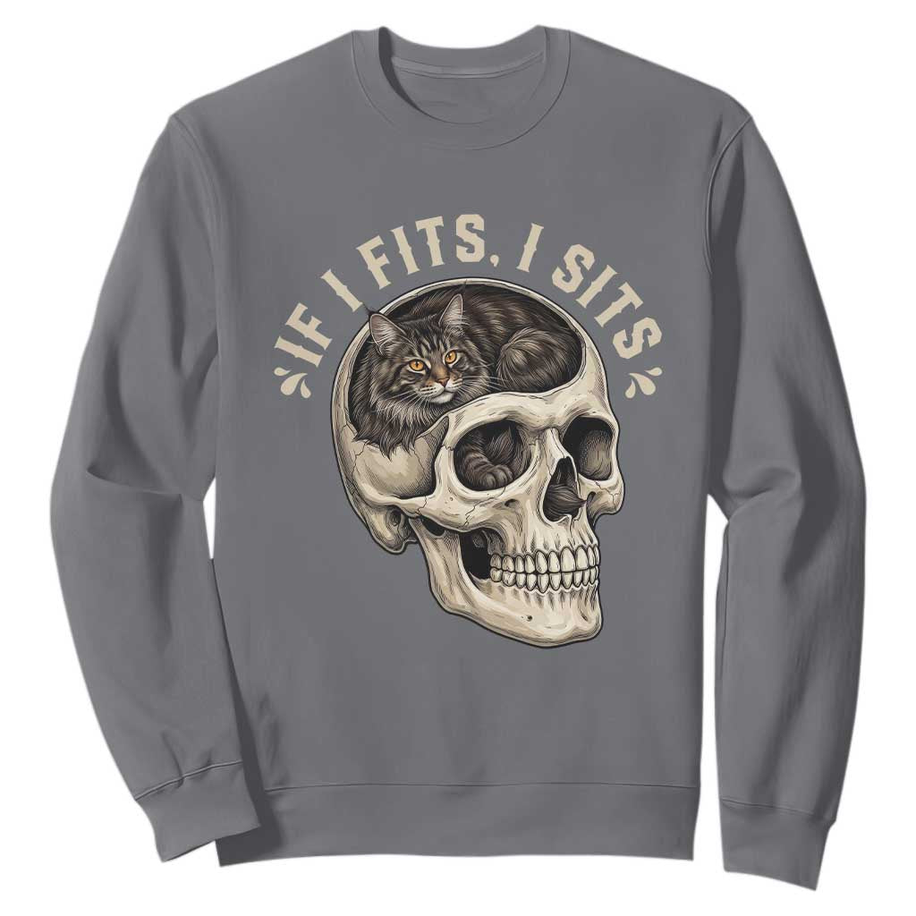 Funny Gothic Black Cat Skull Sweatshirt If I Fits I Sits TS12 Charcoal Print Your Wear
