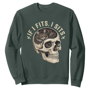 Funny Gothic Black Cat Skull Sweatshirt If I Fits I Sits TS12 Dark Forest Green Print Your Wear