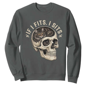 Funny Gothic Black Cat Skull Sweatshirt If I Fits I Sits TS12 Dark Heather Print Your Wear