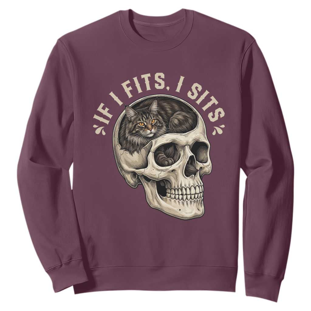 Funny Gothic Black Cat Skull Sweatshirt If I Fits I Sits TS12 Maroon Print Your Wear