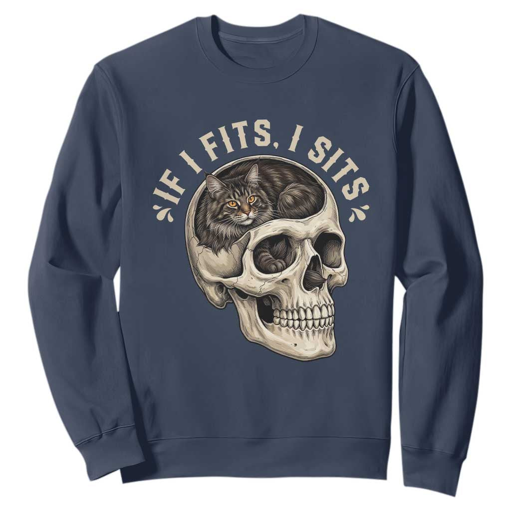 Funny Gothic Black Cat Skull Sweatshirt If I Fits I Sits TS12 Navy Print Your Wear