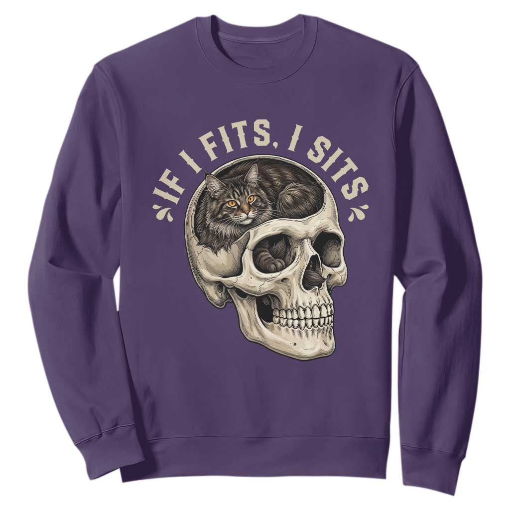 Funny Gothic Black Cat Skull Sweatshirt If I Fits I Sits TS12 Purple Print Your Wear