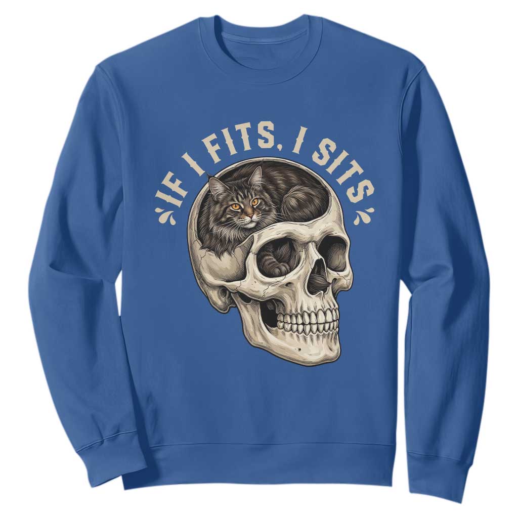 Funny Gothic Black Cat Skull Sweatshirt If I Fits I Sits TS12 Royal Blue Print Your Wear
