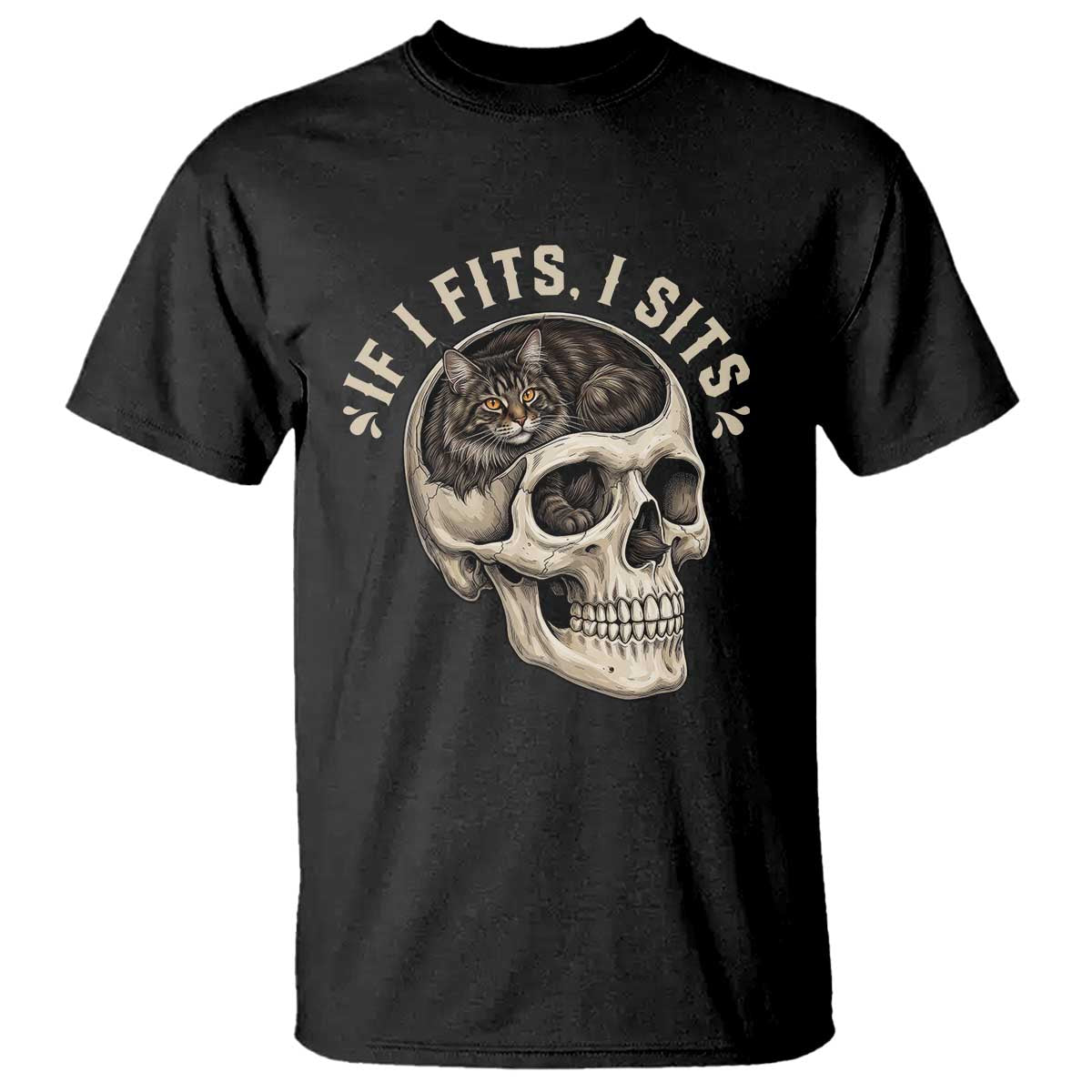 Funny Gothic Black Cat Skull T Shirt If I Fits I Sits TS12 Black Print Your Wear