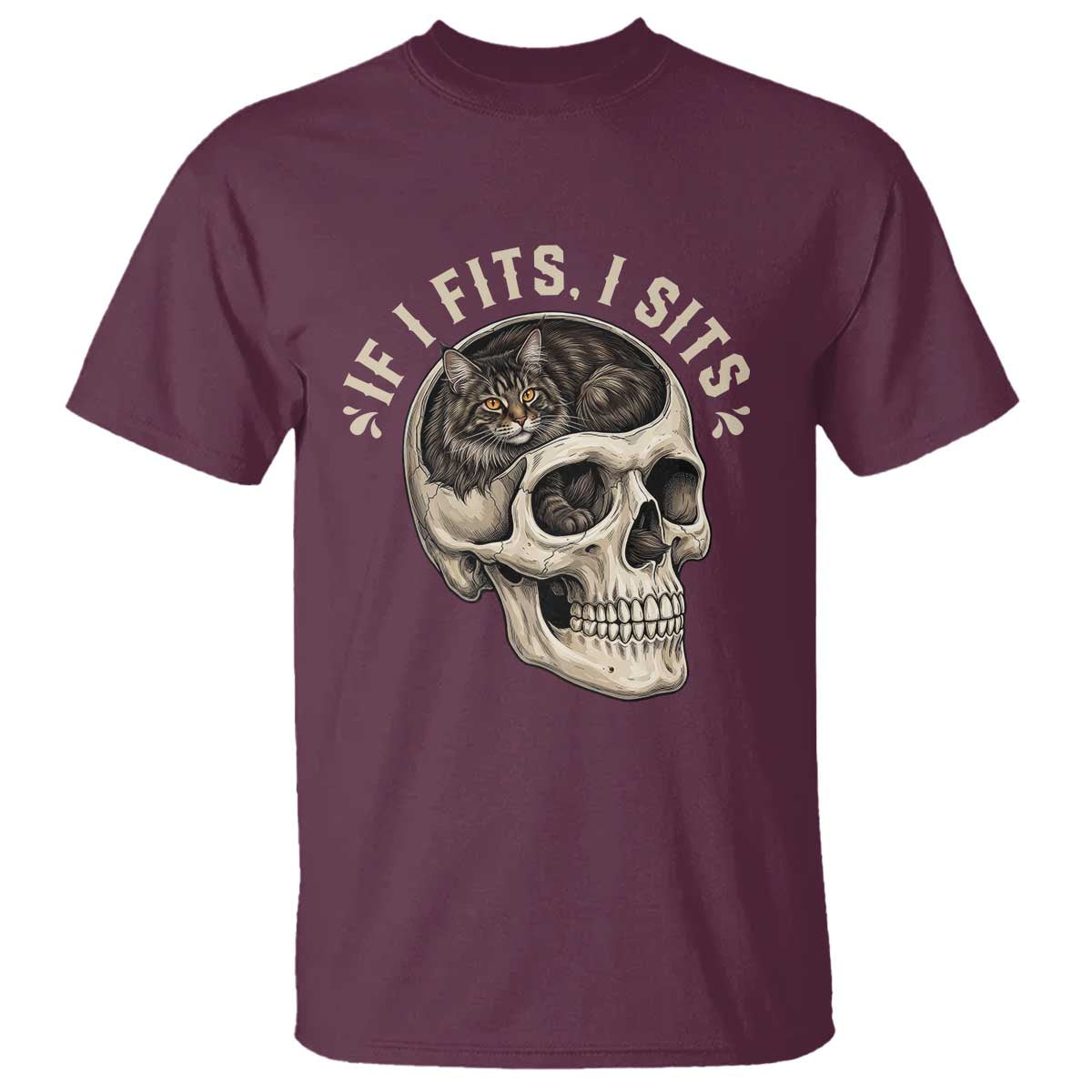 Funny Gothic Black Cat Skull T Shirt If I Fits I Sits TS12 Maroon Print Your Wear