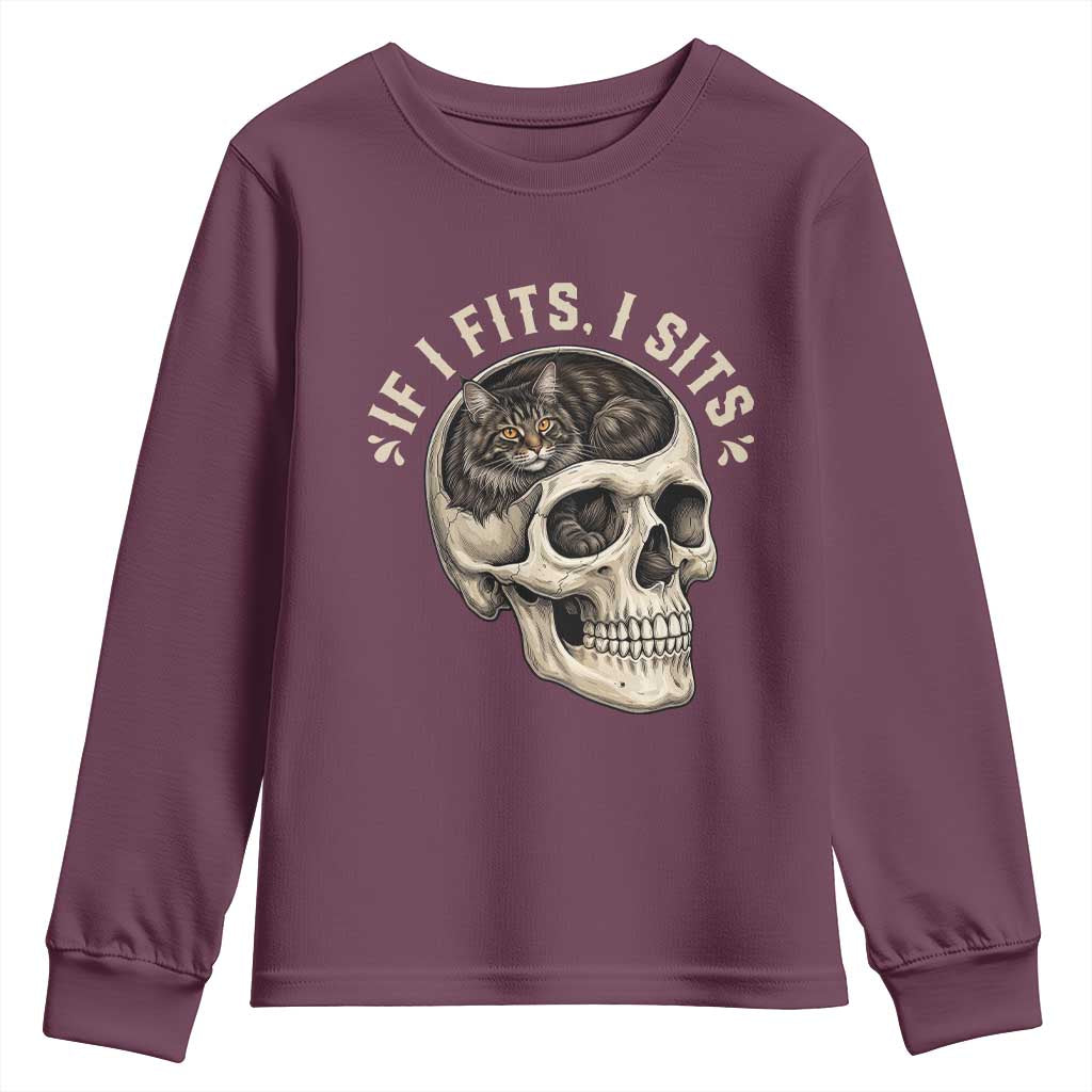 Funny Gothic Black Cat Skull Youth Sweatshirt If I Fits I Sits TS12 Maroon Print Your Wear