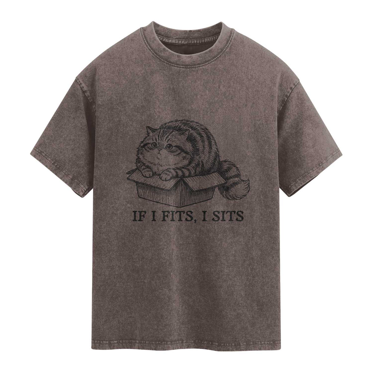 If I Fits I Sits Washed Cotton T-Shirt Chubby Kitty Funny Cat Lover Gift