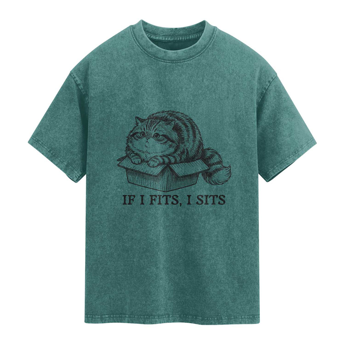 If I Fits I Sits Washed Cotton T-Shirt Chubby Kitty Funny Cat Lover Gift
