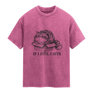 If I Fits I Sits Washed Cotton T-Shirt Chubby Kitty Funny Cat Lover Gift