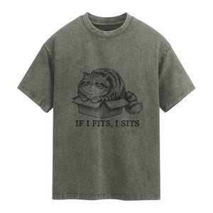 If I Fits I Sits Washed Cotton T-Shirt Chubby Kitty Funny Cat Lover Gift