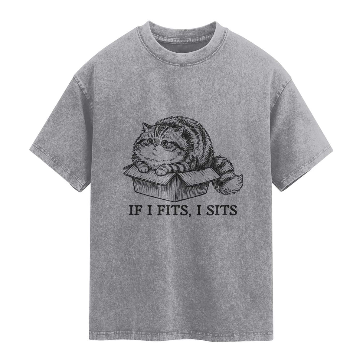 If I Fits I Sits Washed Cotton T-Shirt Chubby Kitty Funny Cat Lover Gift