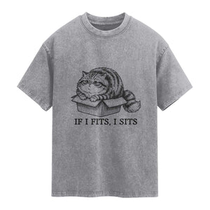 If I Fits I Sits Washed Cotton T-Shirt Chubby Kitty Funny Cat Lover Gift