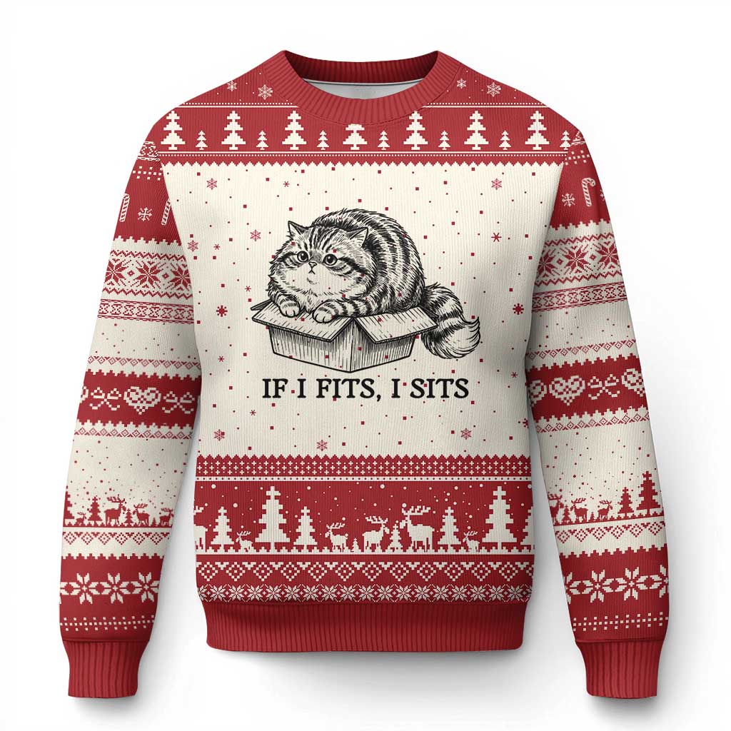 If I Fits I Sits Ugly Christmas Sweater Chubby Kitty Funny Cat Lover Gift TS12 Beige Red Print Your Wear