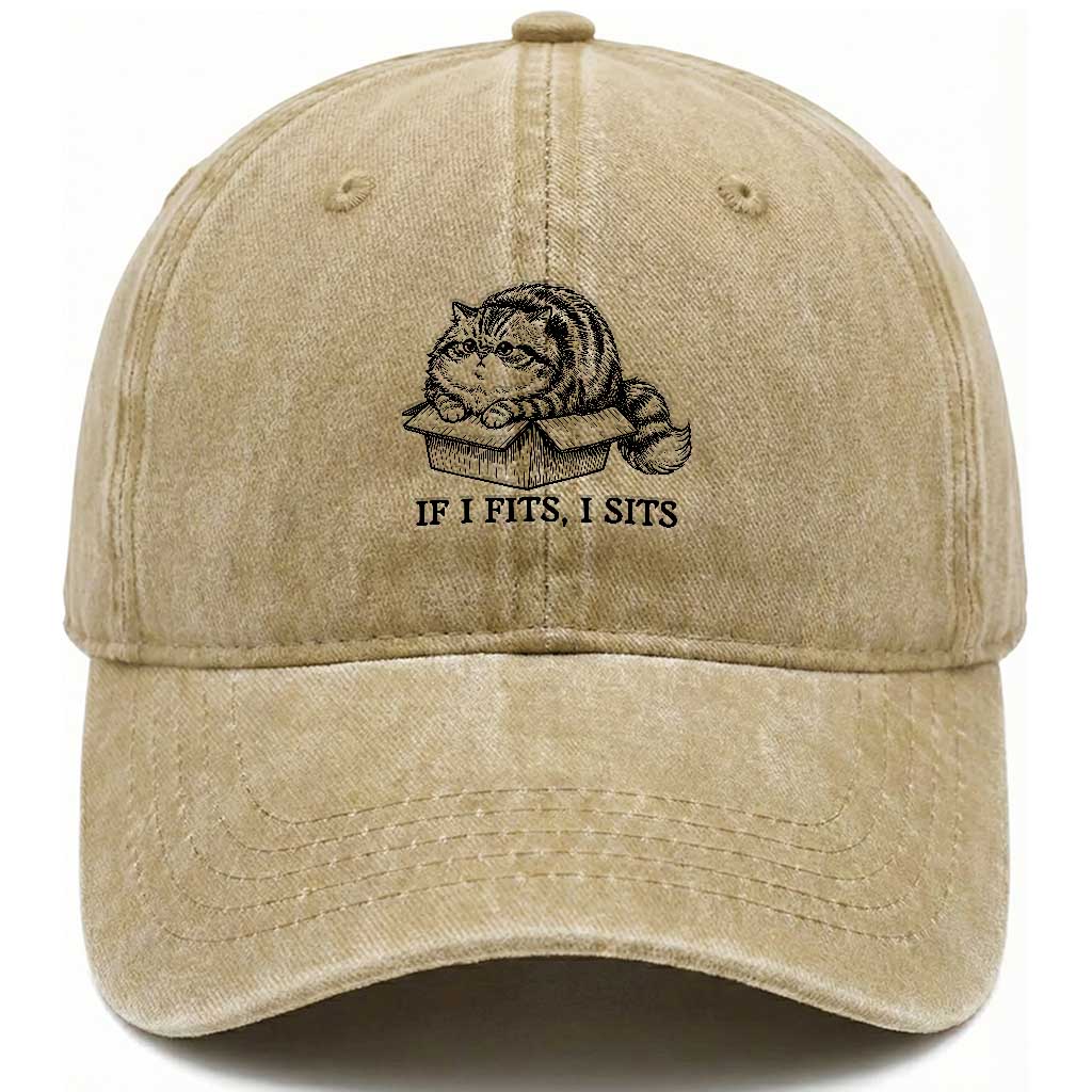 If I Fits I Sits Washed Cotton Baseball Cap Chubby Kitty Funny Cat Lover Gift TS12 Print Your Wear