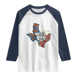 Texas Route Highway 66 Adventure Raglan Shirt Desert Road Trip Graphic TS12 White Navy Print Your Wear