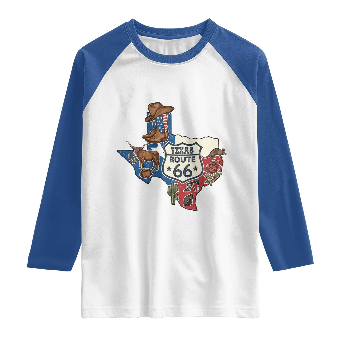 Texas Route Highway 66 Adventure Raglan Shirt Desert Road Trip Graphic TS12 White Royal Print Your Wear