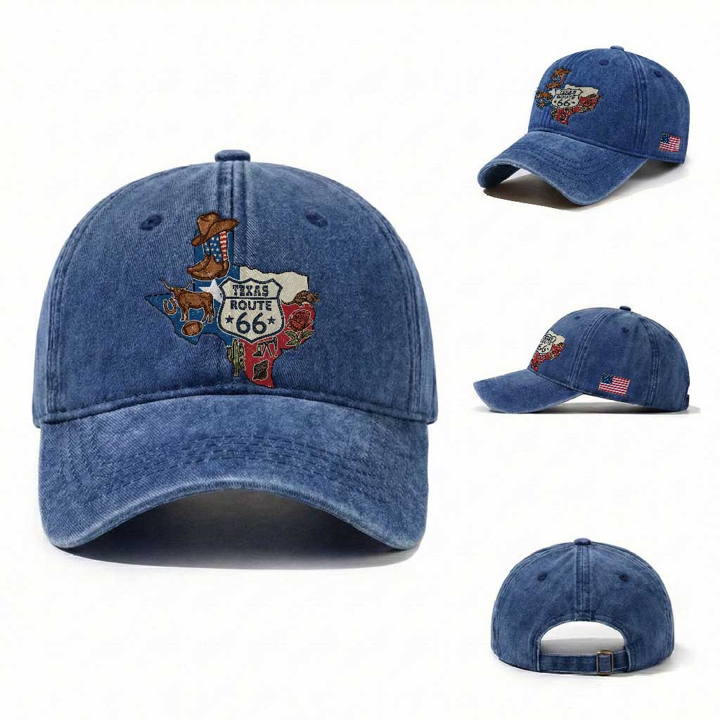 Texas Route Highway 66 Adventure Washed Cotton Baseball Cap Desert Road Trip Graphic TS12 Washed Cap Universal Fit Royal Blue Print Your Wear
