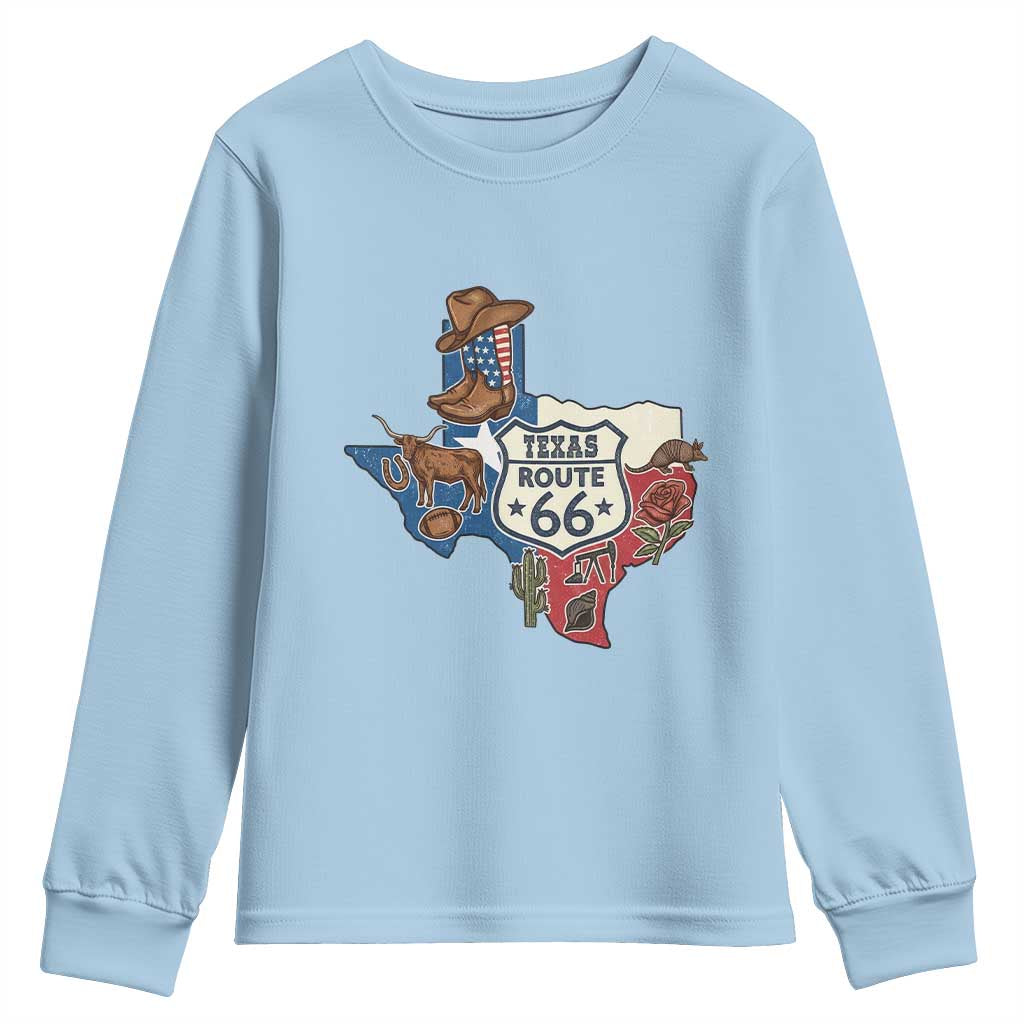 Texas Route Highway 66 Adventure Youth Sweatshirt Desert Road Trip Graphic TS12 Light Blue Print Your Wear