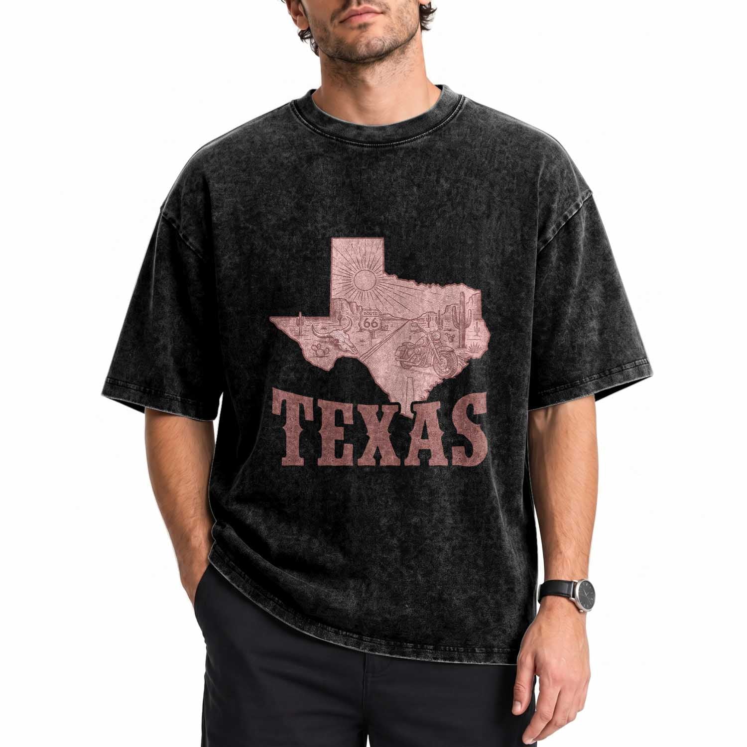 Texas Route Highway 66 Biker Washed Cotton T-Shirt Vintage Biker Road Trip