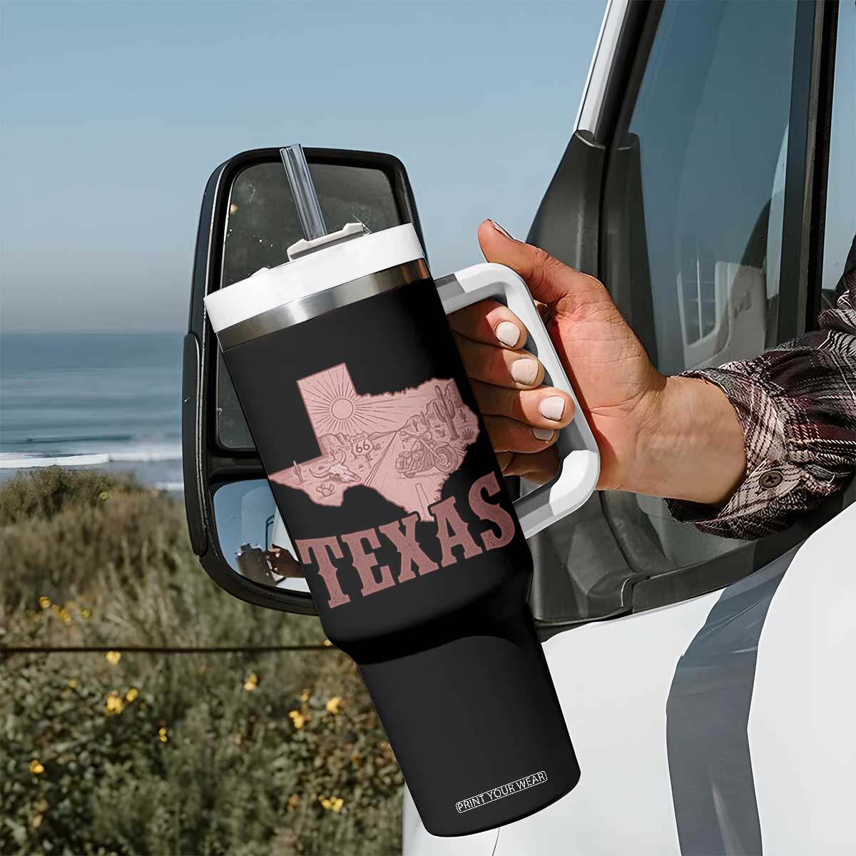Texas Route Highway 66 Biker Tumbler With Handle Vintage Biker Road Trip TS12 Print Your Wear