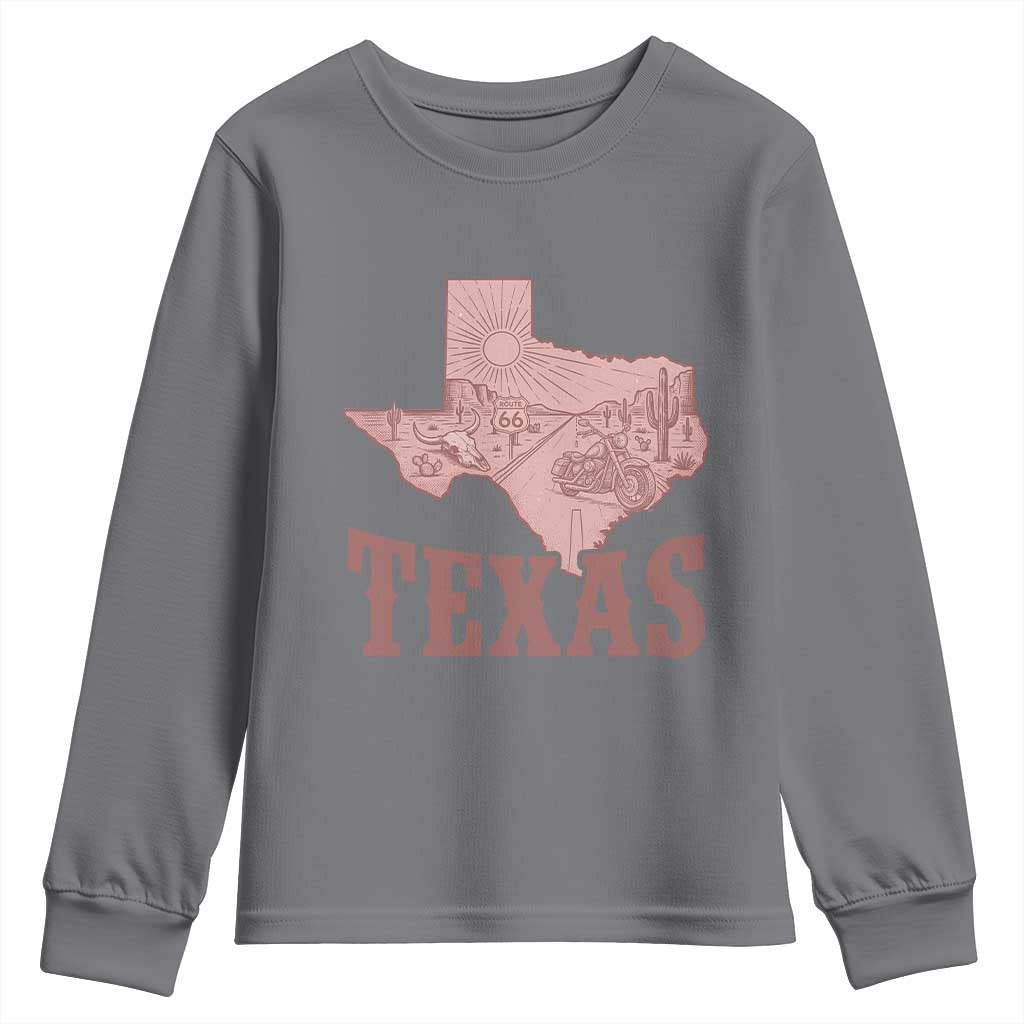 Texas Route Highway 66 Biker Youth Sweatshirt Vintage Biker Road Trip TS12 Charcoal Print Your Wear